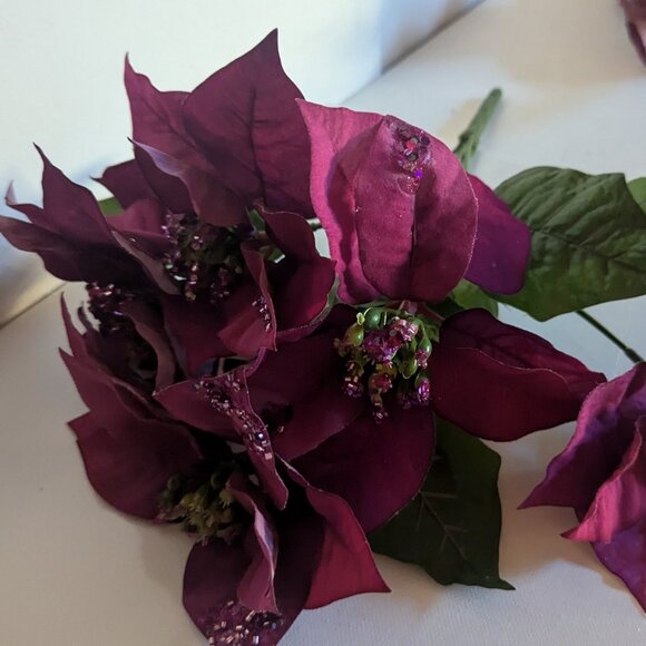 NWT 2 Red Burgundy Poinsettia Floral Bushes Christmas Holiday Ashland Home Decor - Picture 2 of 11